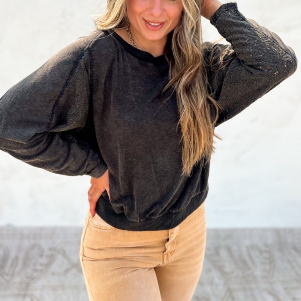 Black/Brown Long Sleeve Top with Flower Accents on Sleeve Fall Sweater